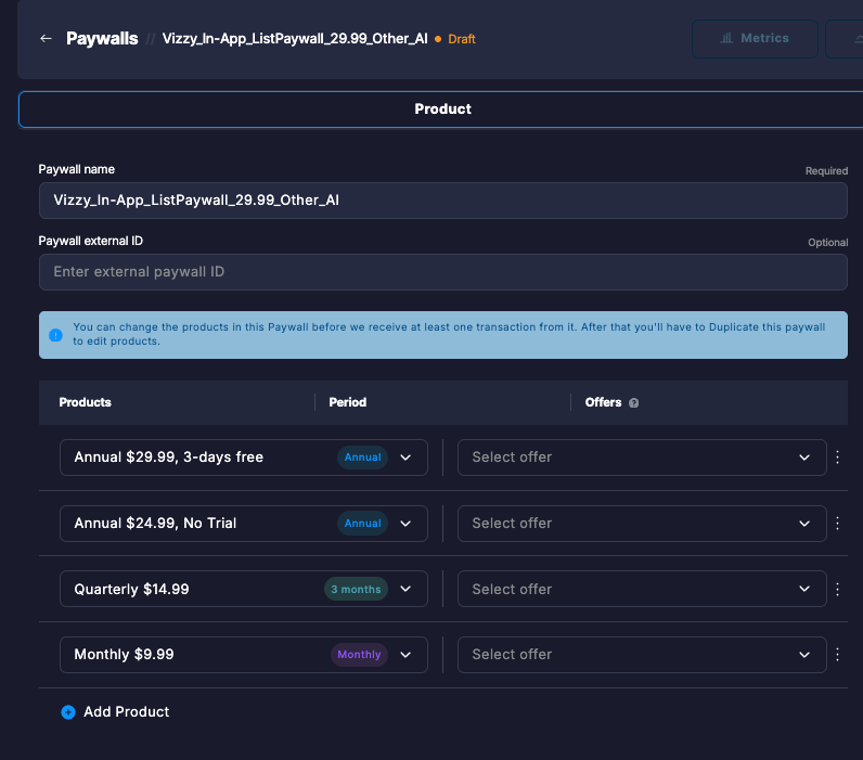 Botsi Paywall dashboard showing products matching RevenueCat offerings