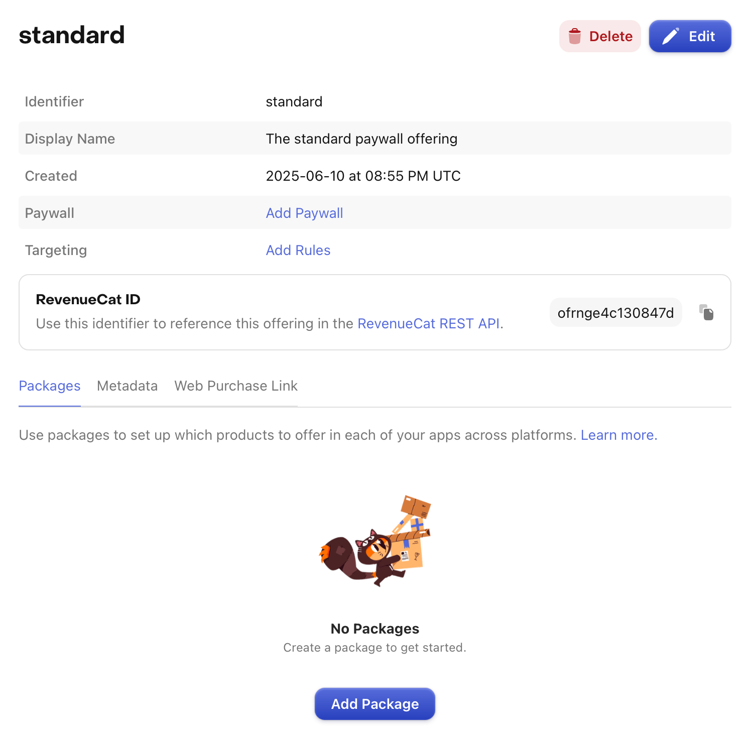 RevenueCat Offerings dashboard showing the standard offering configuration