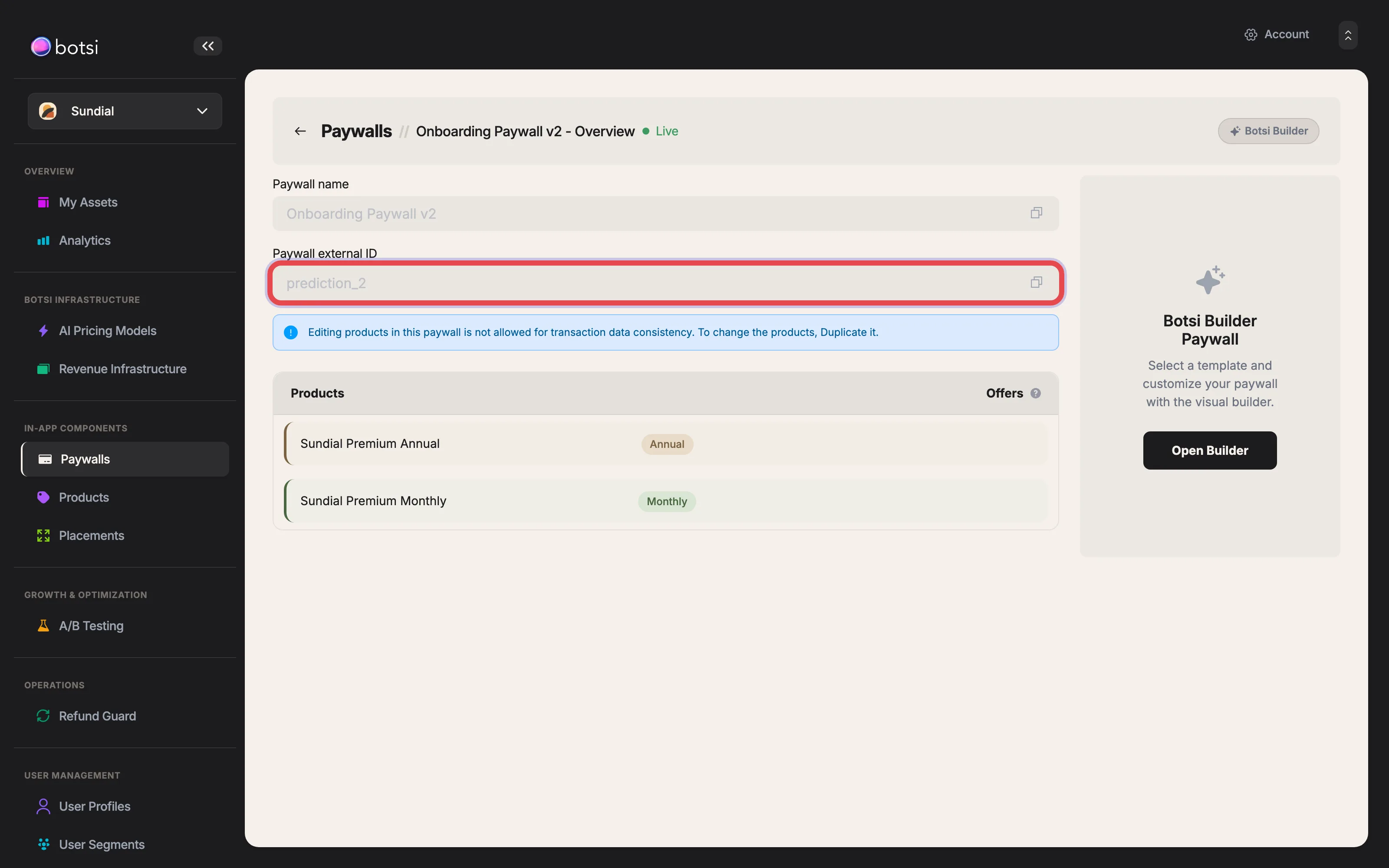 Botsi Paywall dashboard showing external ID and products