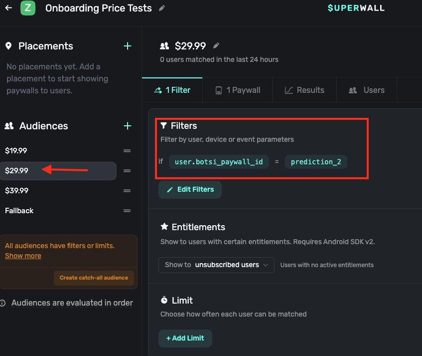Superwall Campaign audience targeting with a Botsi paywall ID filter