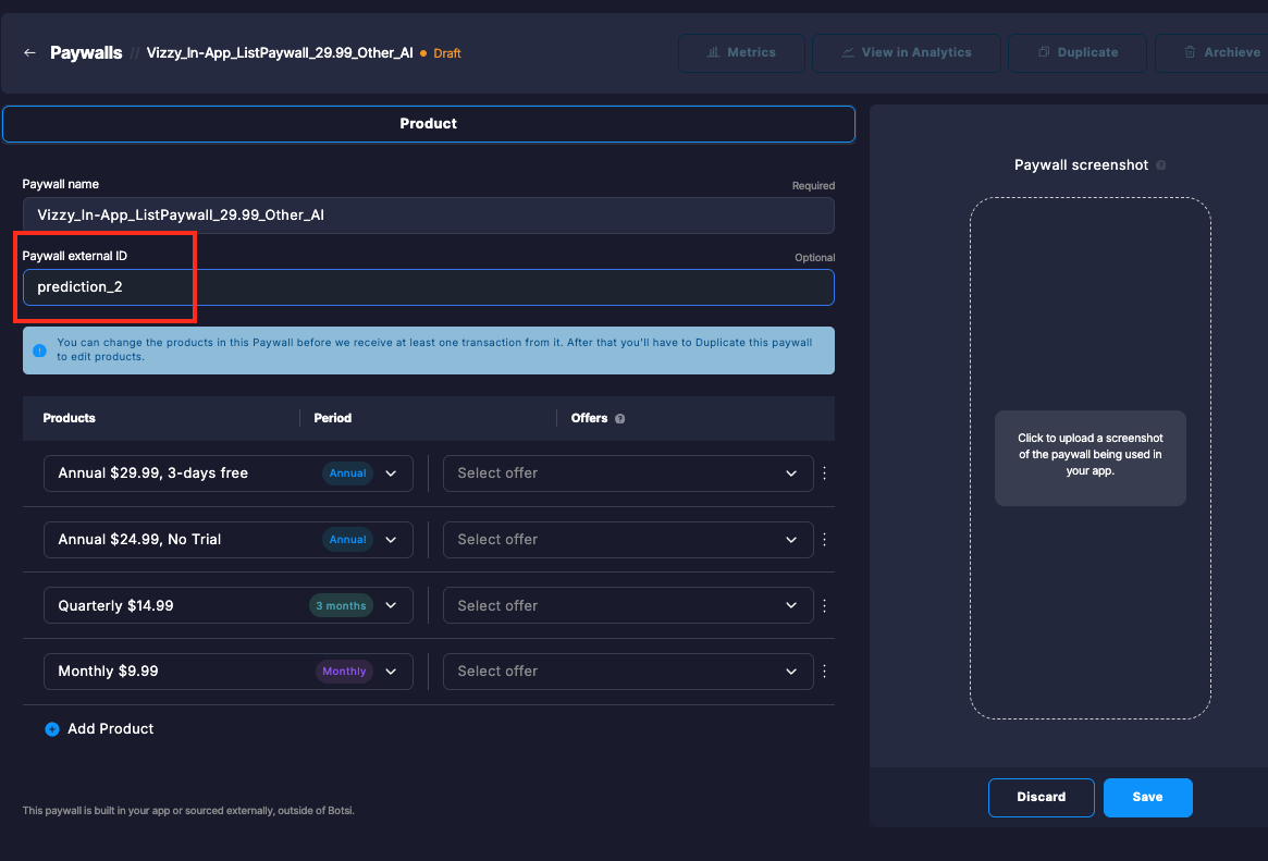 Botsi Paywall Dashboard showing external ID and products