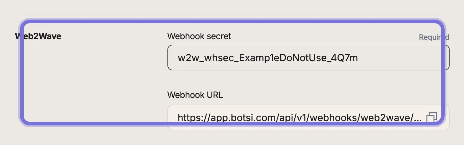 Botsi App Settings showing Web2Wave webhook configuration