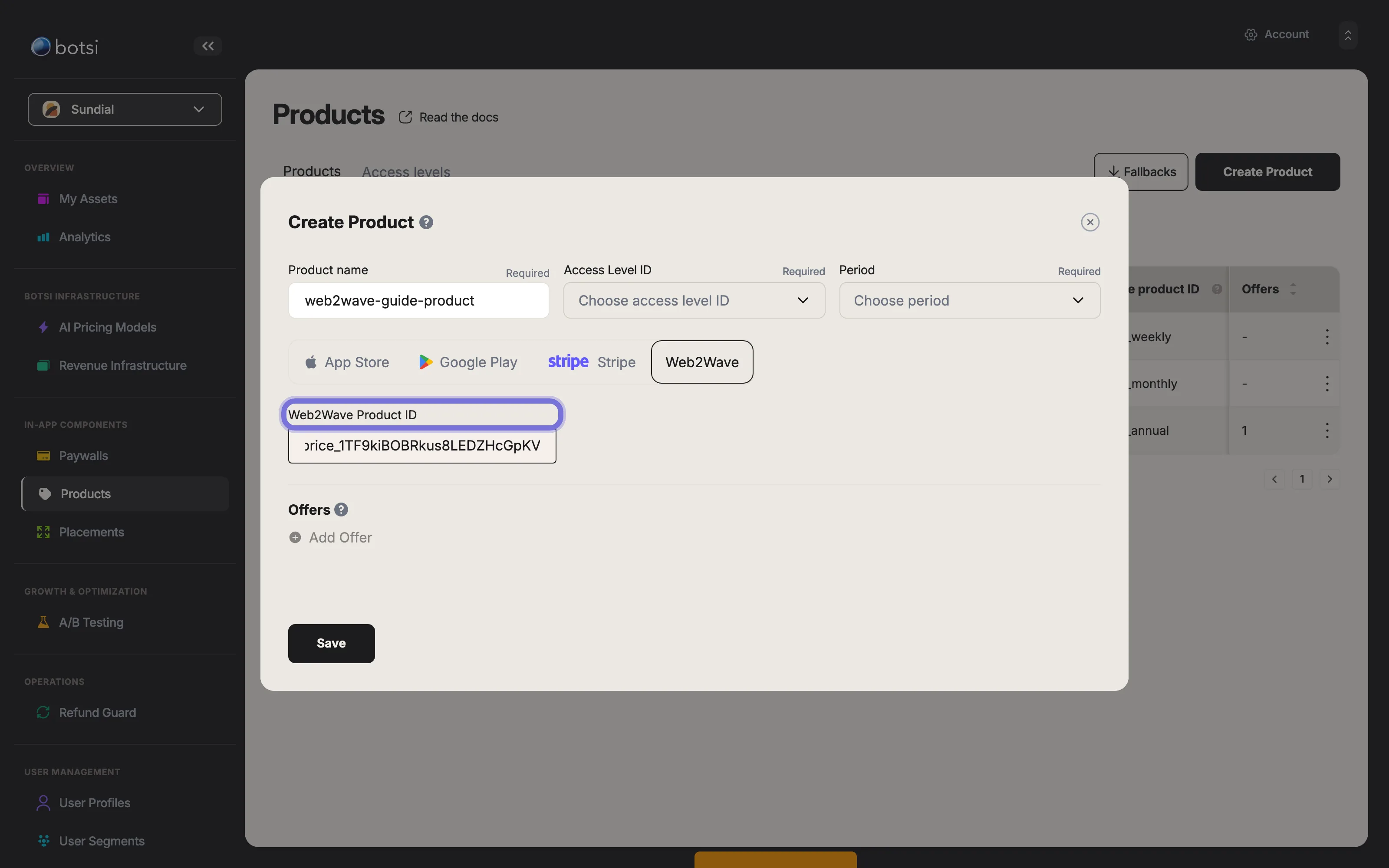 Botsi product setup with Stripe price ID as web2wave_product_id