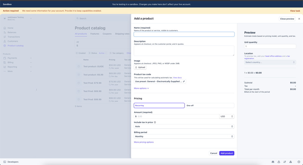 Stripe product creation dashboard