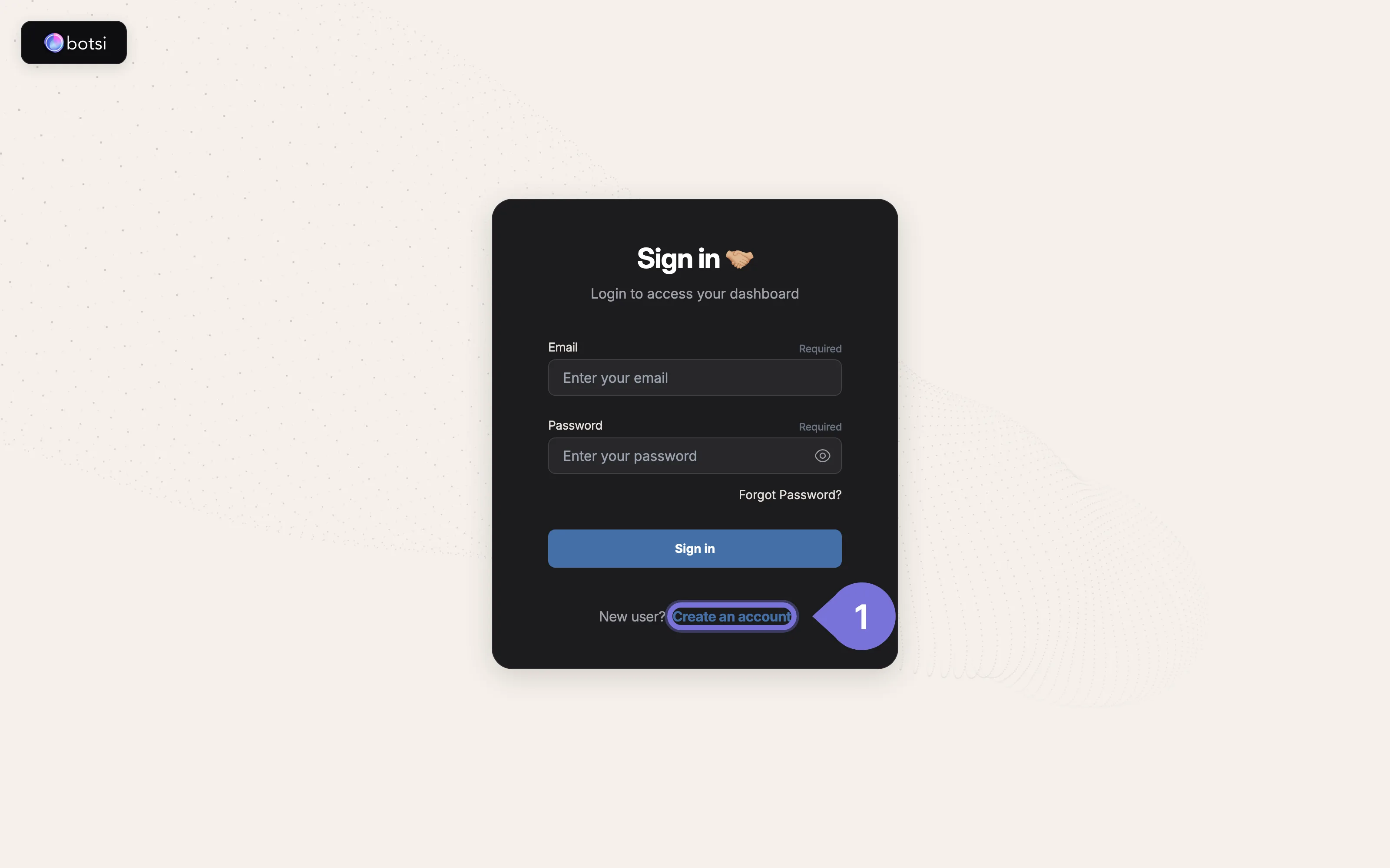 Botsi sign-in page with the Create an account link highlighted