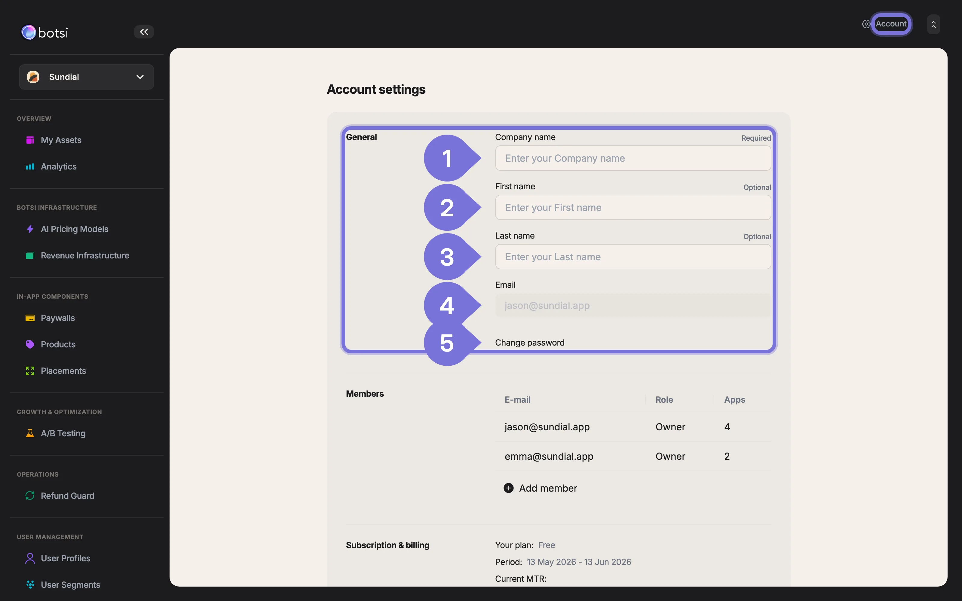 Botsi dashboard: account settings General section with company name, first and last name, email, and change password