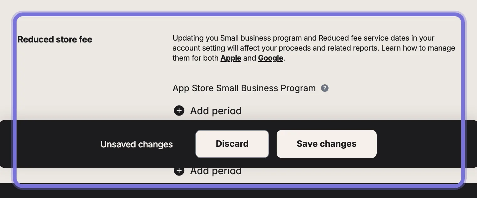 App Settings - Reduced Store Fee section