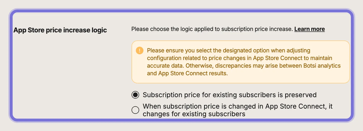 App Settings - App Store Price Increase Logic section