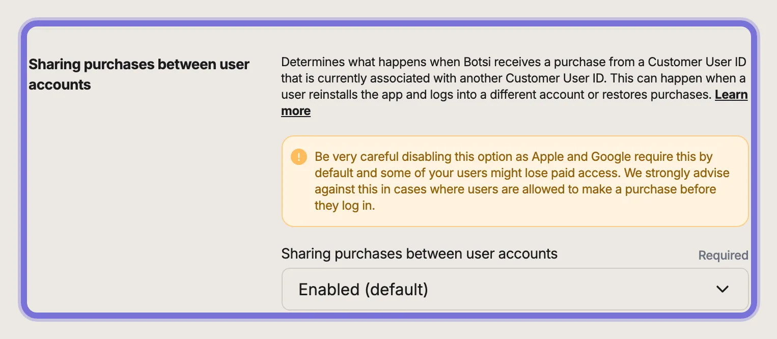 App Settings - Sharing Purchases Between User Accounts section