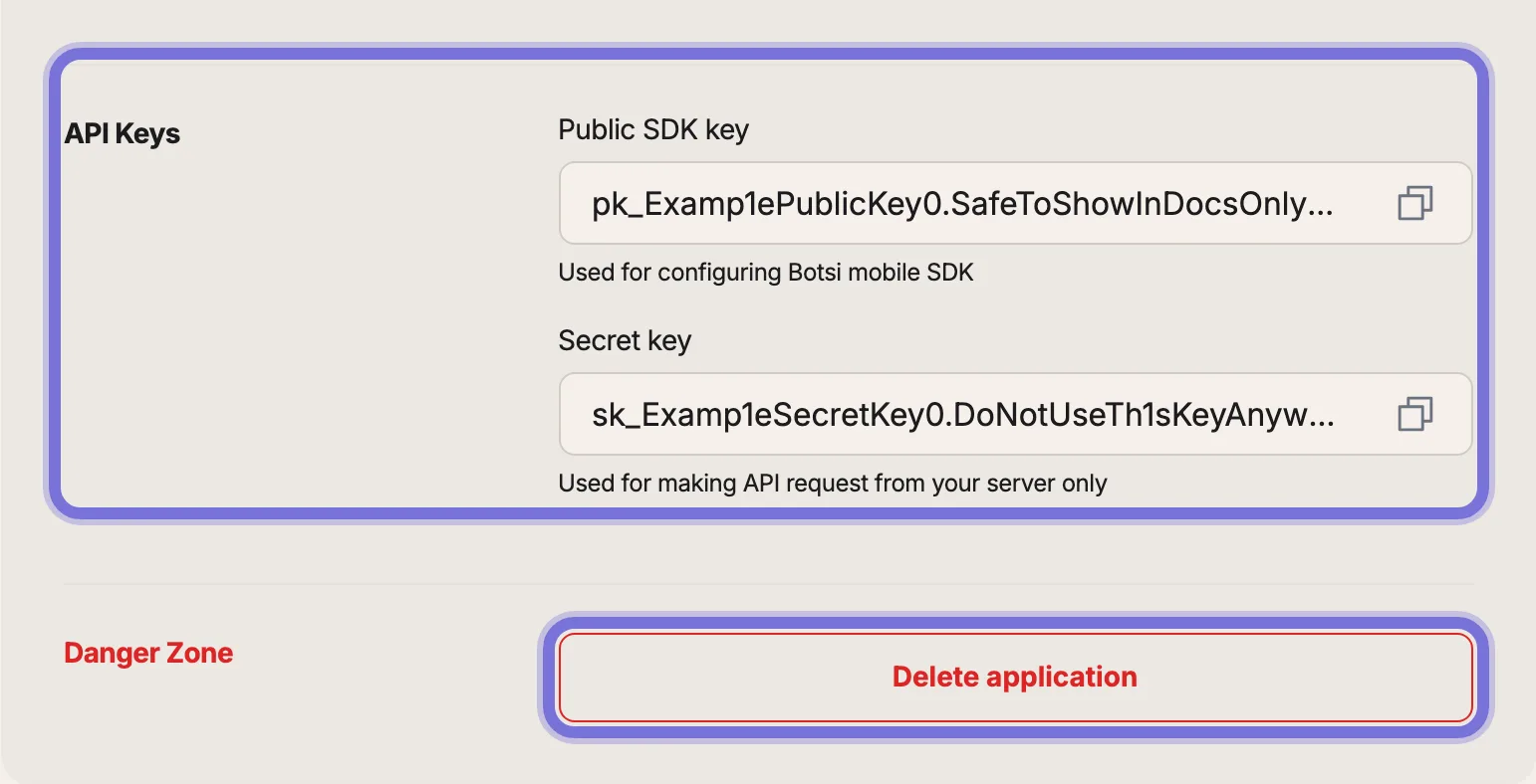 App Settings - API Keys and Delete Application section