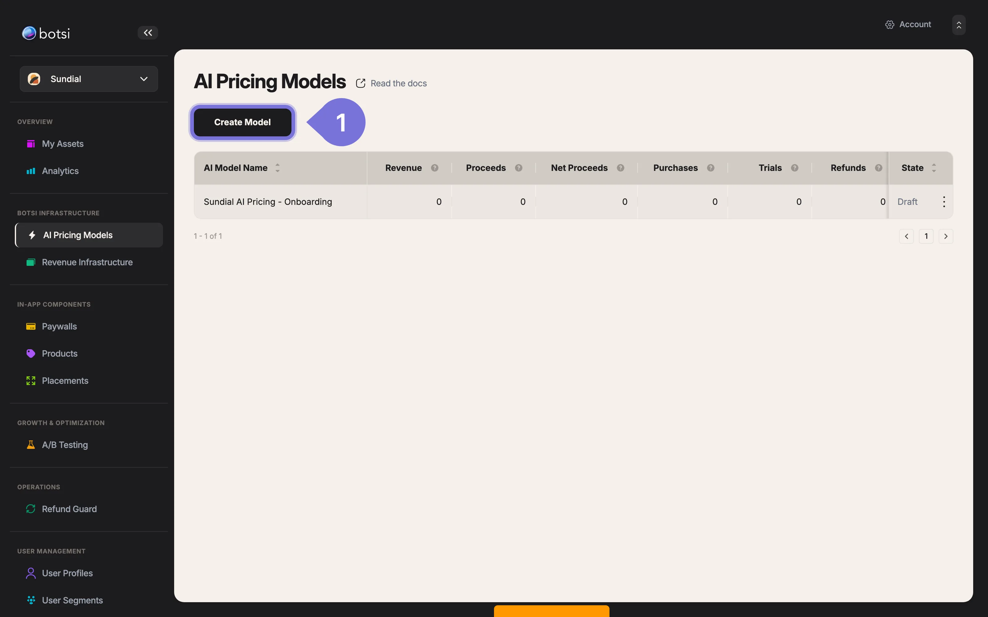 Screenshot of the Botsi AI Pricing Models page. It shows a table listing existing models with columns for Revenue and State. A prominent blue 'Create Model' button is at the top.