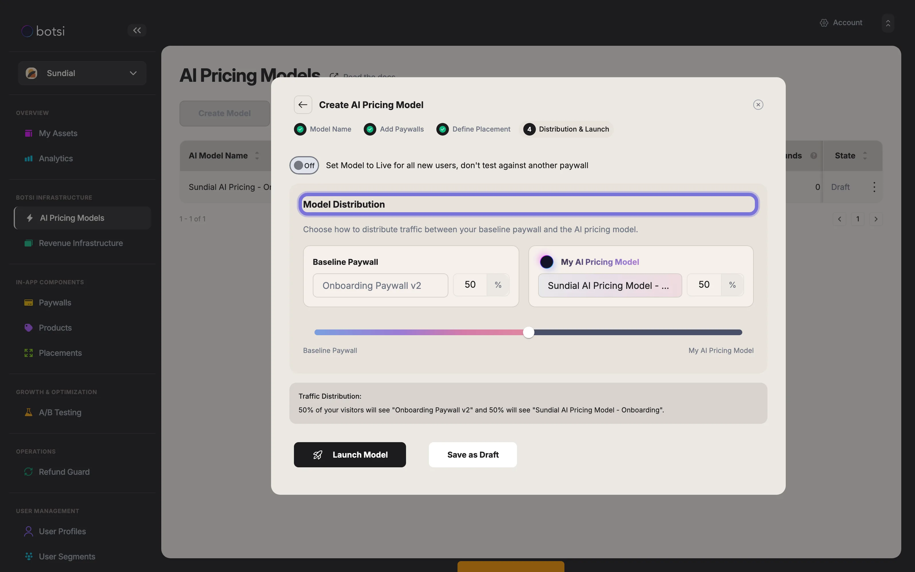 Screenshot of the Model Distribution section. A slider is set to a 50/50 traffic split between the Baseline Paywall and the AI Pricing Model, with a Traffic Distribution summary below.