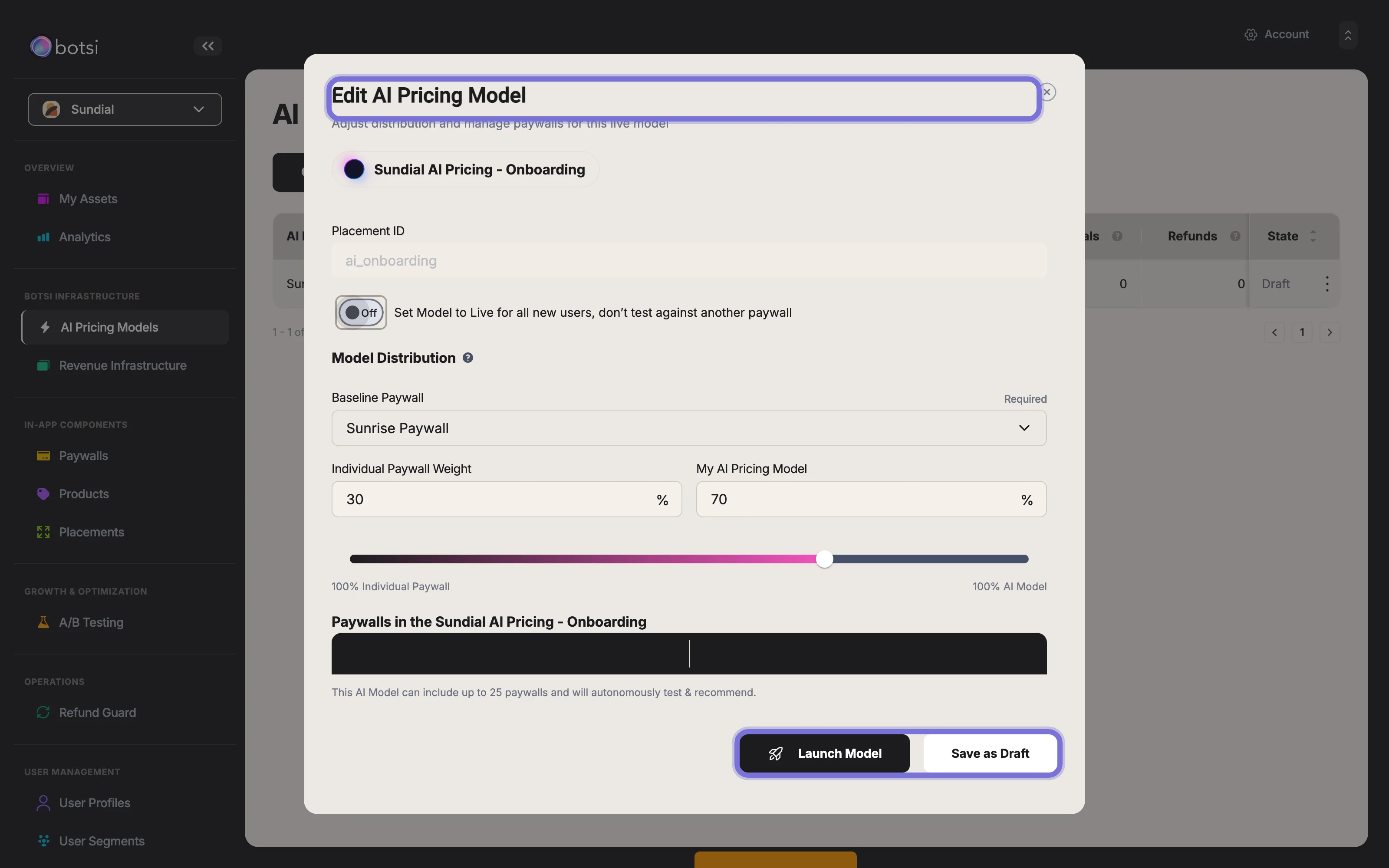 Screenshot of the 'Edit AI Pricing Model' modal window. It displays a summary of the model's settings with buttons to 'Launch Model' or 'Save as Draft' at the bottom.