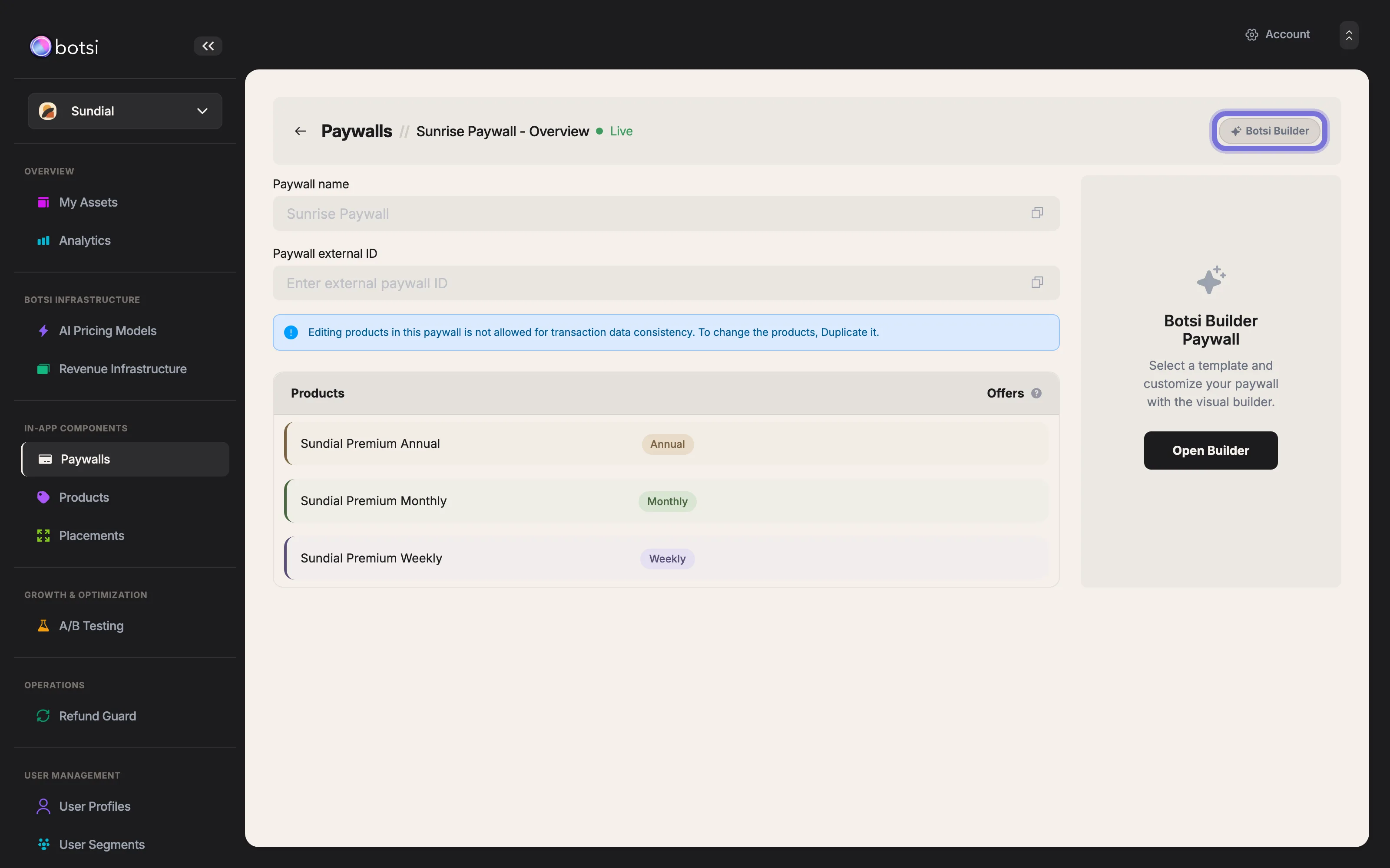 Image showing Paywall editing tabs
