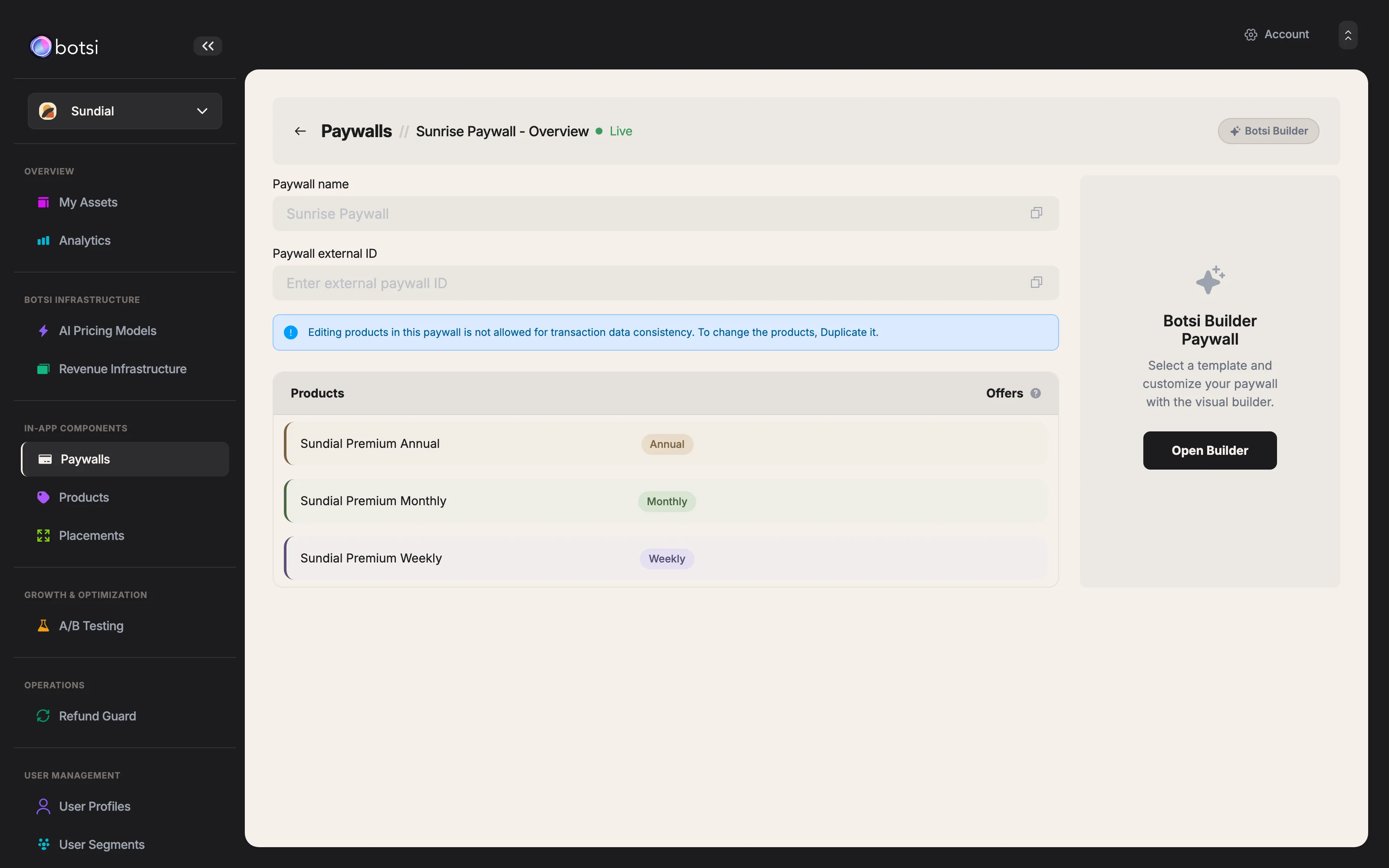 Botsi Paywall dashboard showing products matching RevenueCat offerings