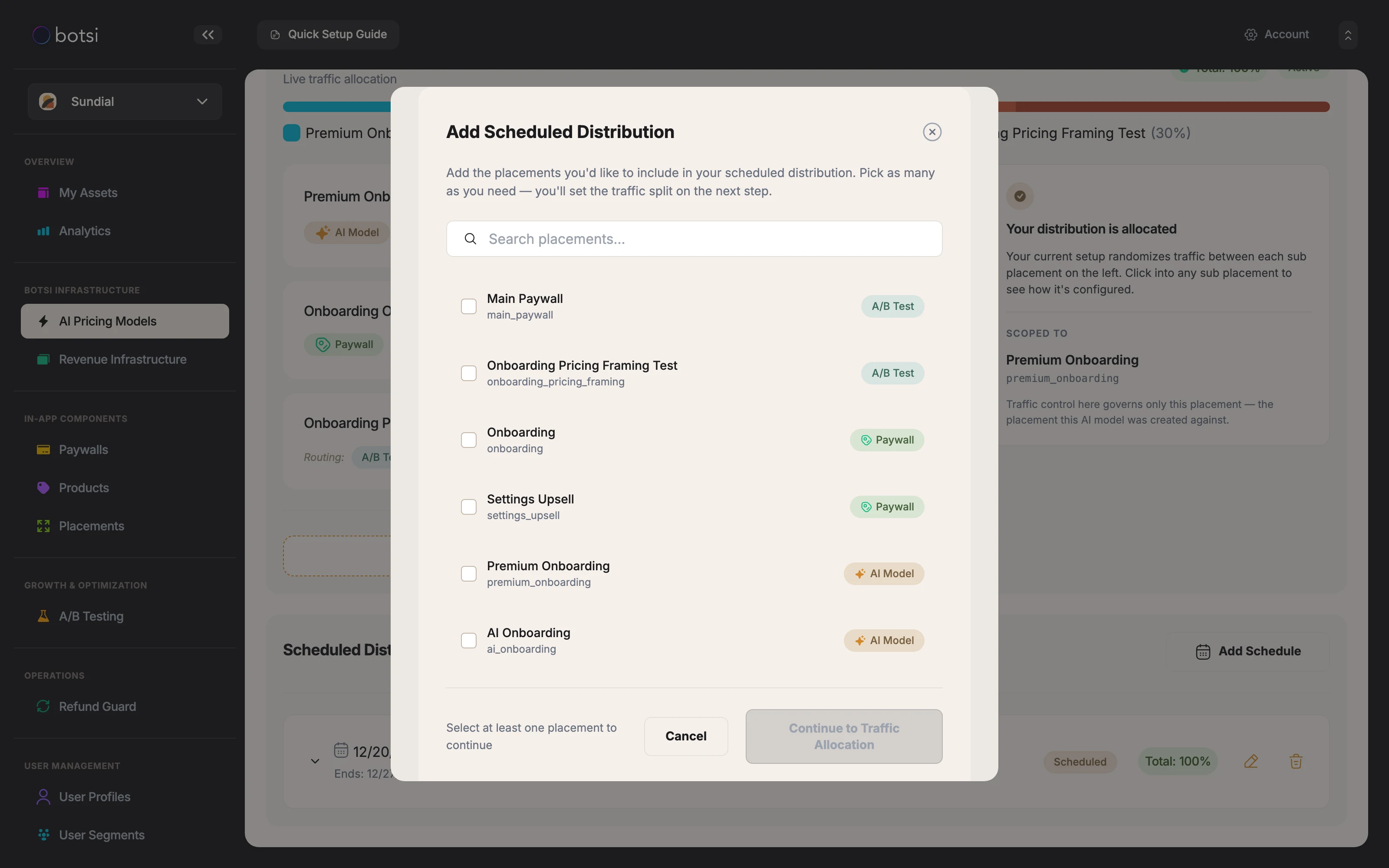 Screenshot of step 1 of the Add Scheduled Distribution dialog, showing a searchable list of placements where each row carries chips for the routing its audiences use: AI Model, A/B Test, or Paywall.