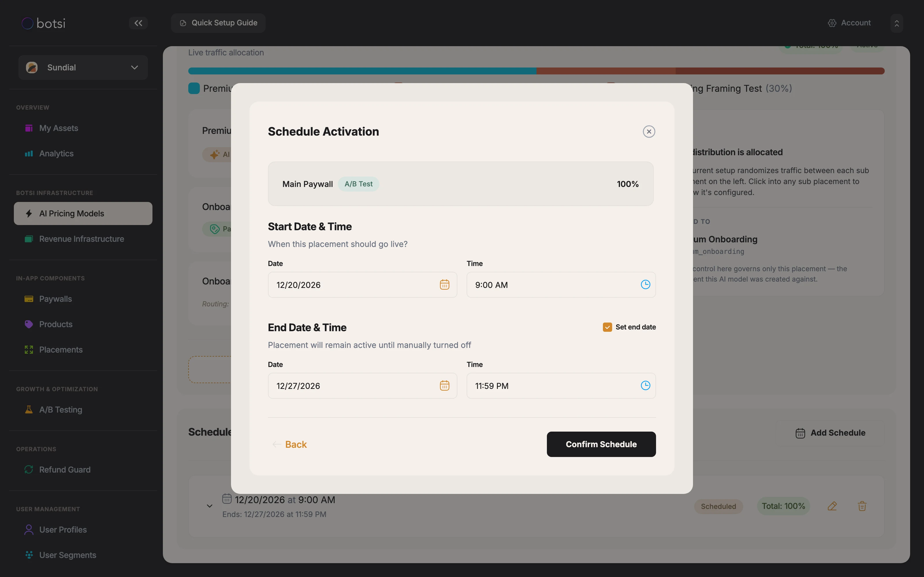 Screenshot of step 3 of the Add Scheduled Distribution dialog, titled Schedule Activation, with Start Date and Time filled in, the Set end date checkbox ticked, and End Date and Time filled in.