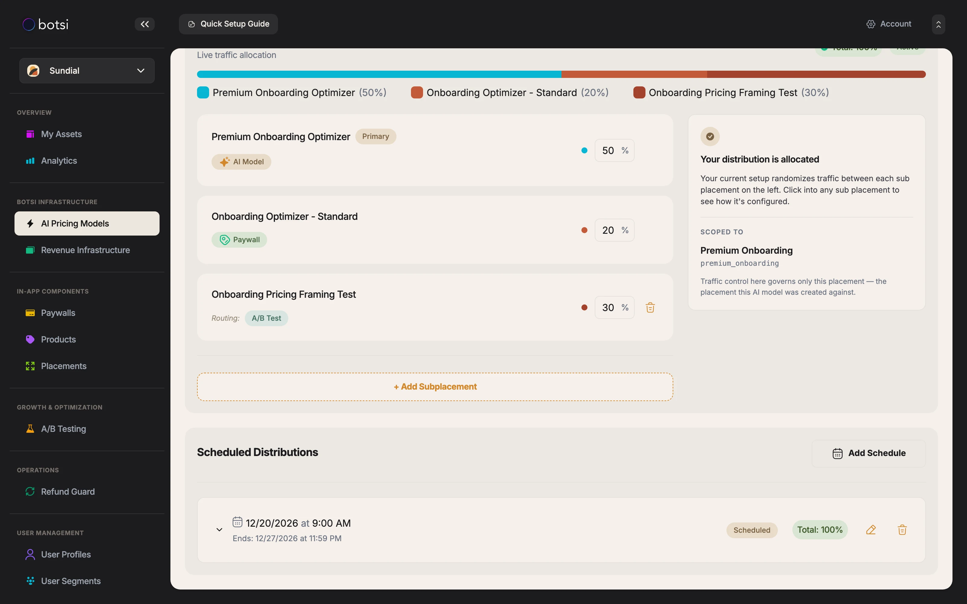 Screenshot of the Scheduled Distributions list showing one saved schedule row that reads 12/20/2026 at 9:00 AM with Ends: 12/27/2026 at 11:59 PM, next to a Scheduled badge and a Total: 100% readout.