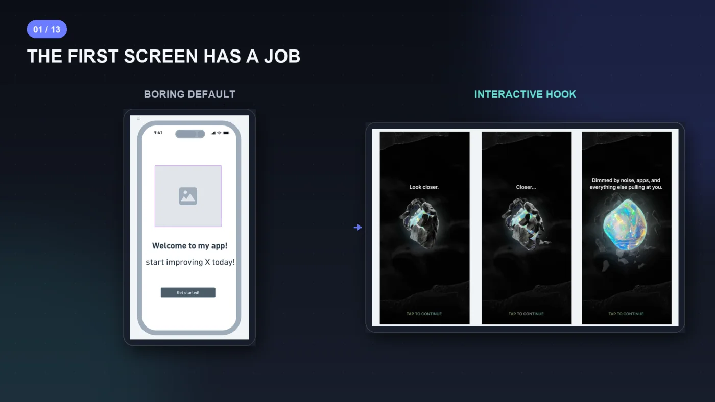 A boring default welcome screen next to an interactive hook: Opal's glowing rock that cracks open when you tap it