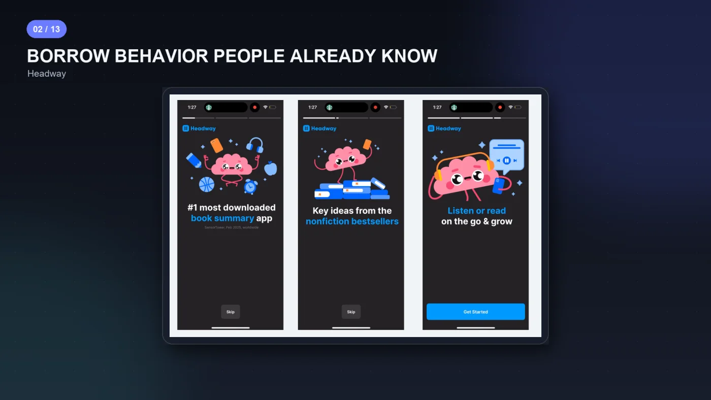 Headway's intro screens rebuilt to look like Instagram stories, which you tap to advance or let autoplay