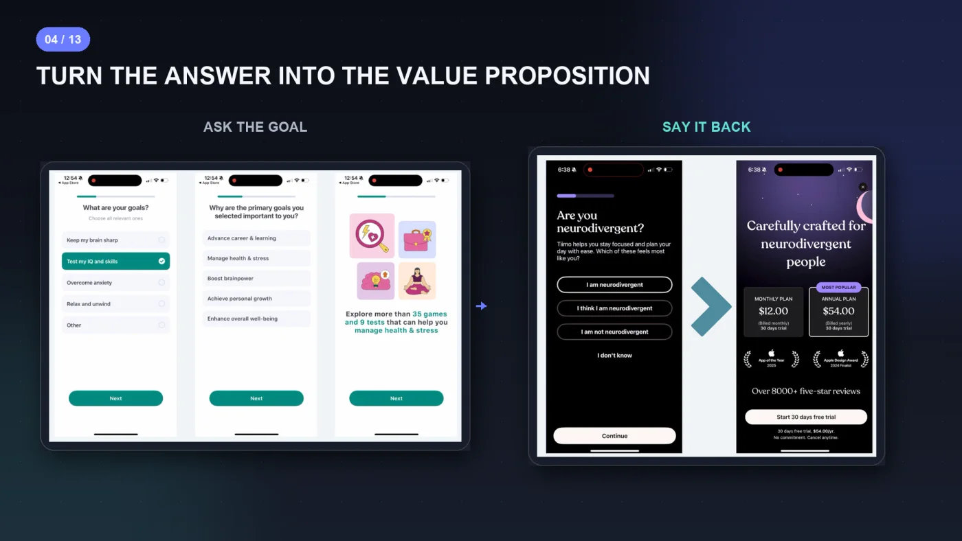 Asking the user's goal, then repeating their answer back as the value proposition on a later screen