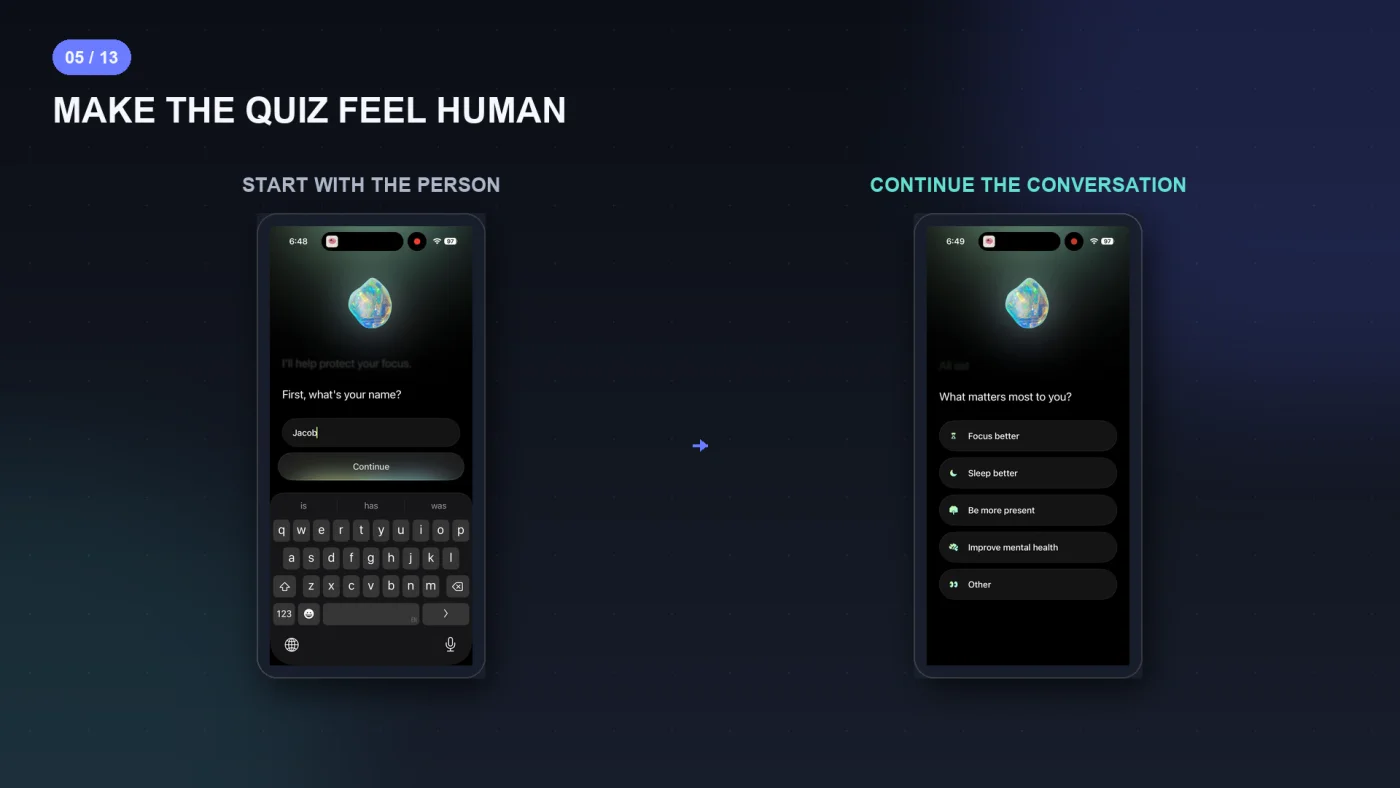 Opal's onboarding quiz rebuilt as a chat, with questions arriving as messages in a conversation