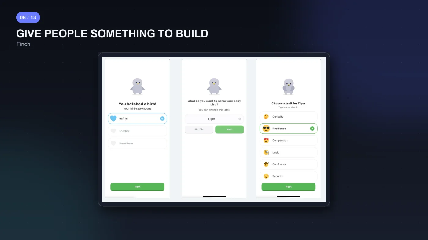 Finch's onboarding where you design a bird by picking its color, name and personality
