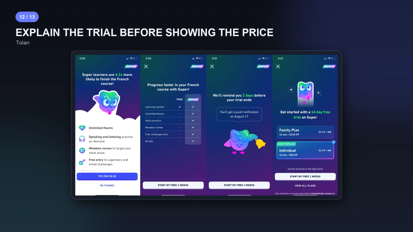 Tolan's multi-page paywall spreading the trial timeline across several screens before showing the plans