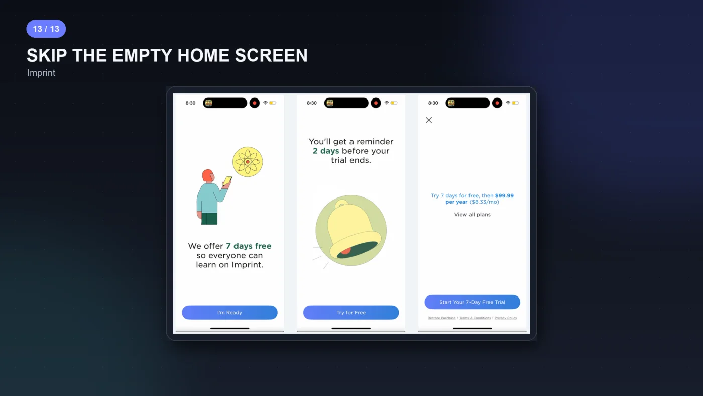 Imprint skipping the home screen and dropping a new subscriber straight into their first lesson