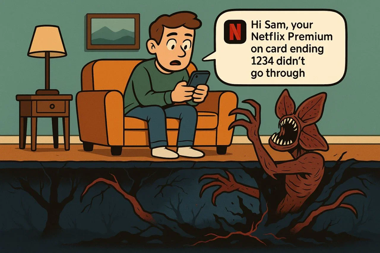 Cartoon of a subscriber reading a message that his Netflix Premium payment on the card ending 1234 did not go through, while a monster reaches up from beneath the floor