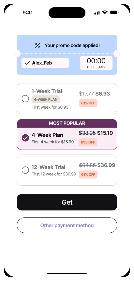 A/B test comparing 1-week, 4-week and 12-week billing periods on a web2app paywall