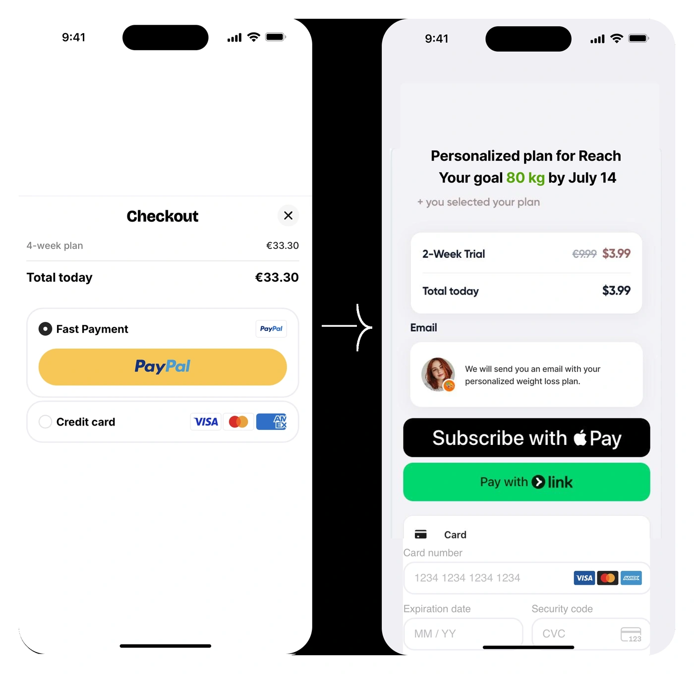 Web checkout page pairing the payment form with a personalized value proposition from the quiz