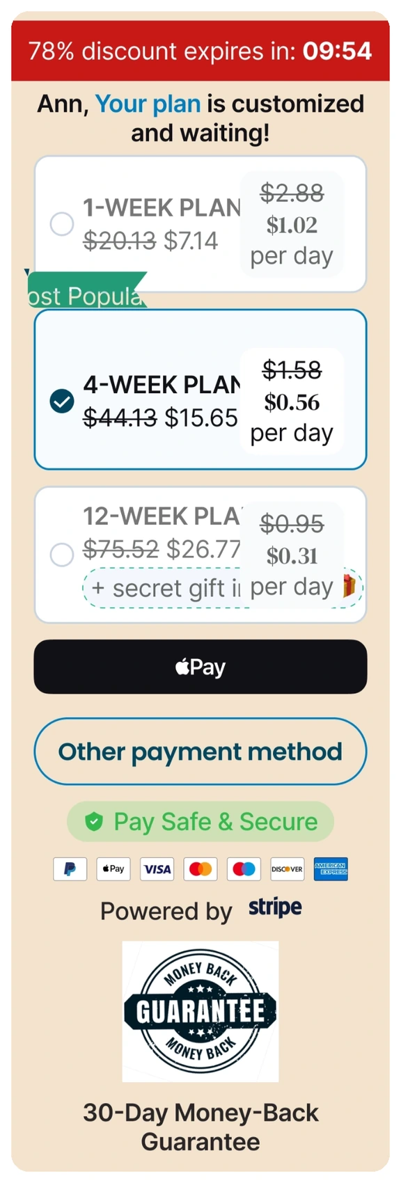 Discounted downsale paywall with a personalized message naming the user