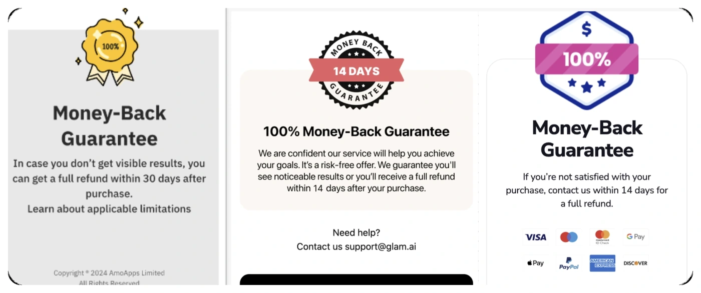 Comparison of guarantee wording on subscription paywalls, specific and unconditional versus vague
