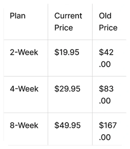 Intro offer pricing table showing the discounted first period and the full renewal price