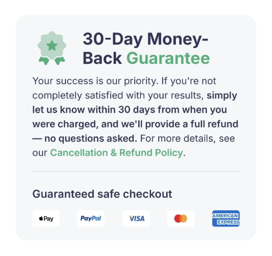 Money-back guarantee displayed next to the plan prices on a web2app paywall