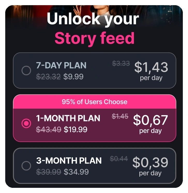 Web2app paywall showing per day pricing as the primary number with the monthly total shown underneath