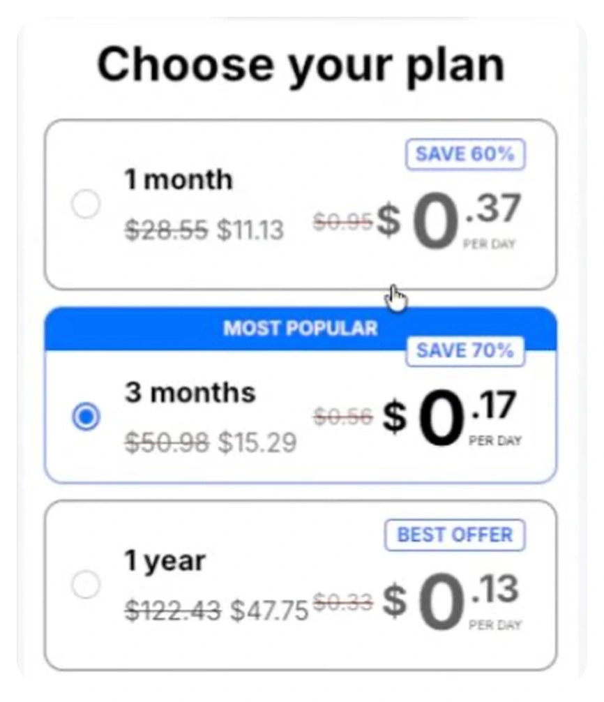 Subscription paywall using strikethrough anchor pricing next to the discounted price
